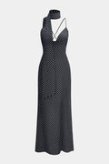 Polka Dots Print Crossed Tie Up Backless Slip Sleeveless Maxi Dress With Scarf