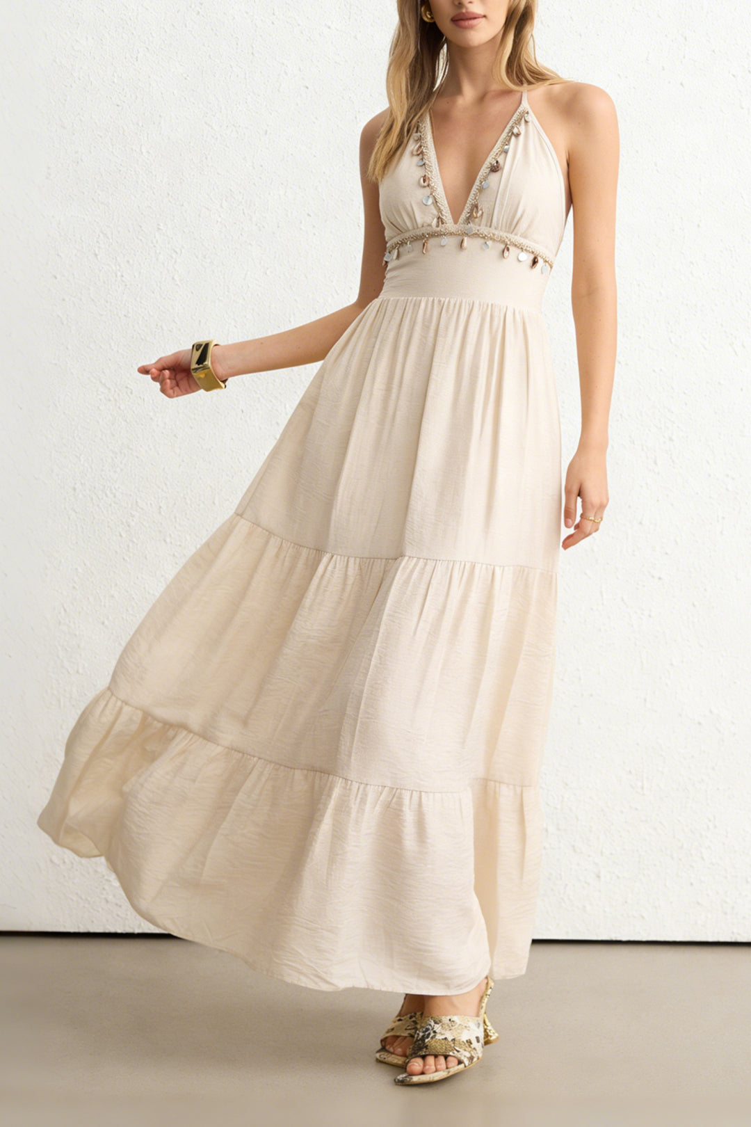 Fringe Halter V-Neck Sleeveless Maxi Dress