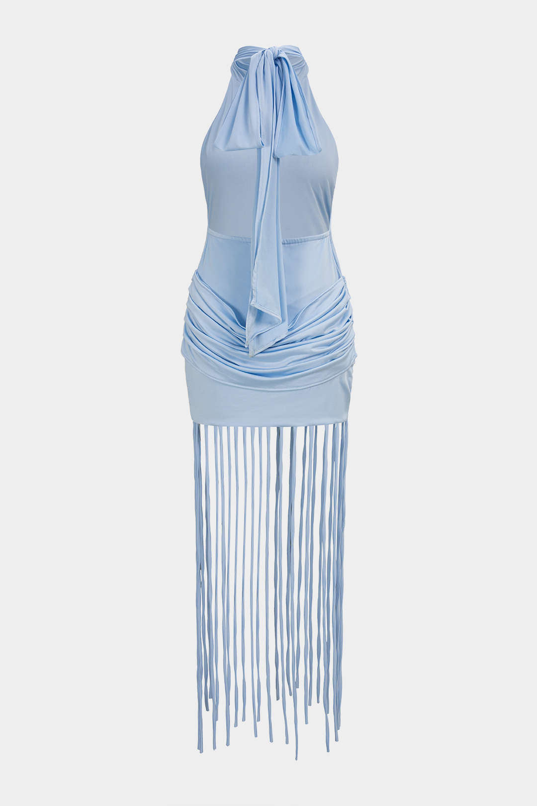 Halter Neck Pleated Fringe Backless Tie Back Sleeveless Midi Dress
