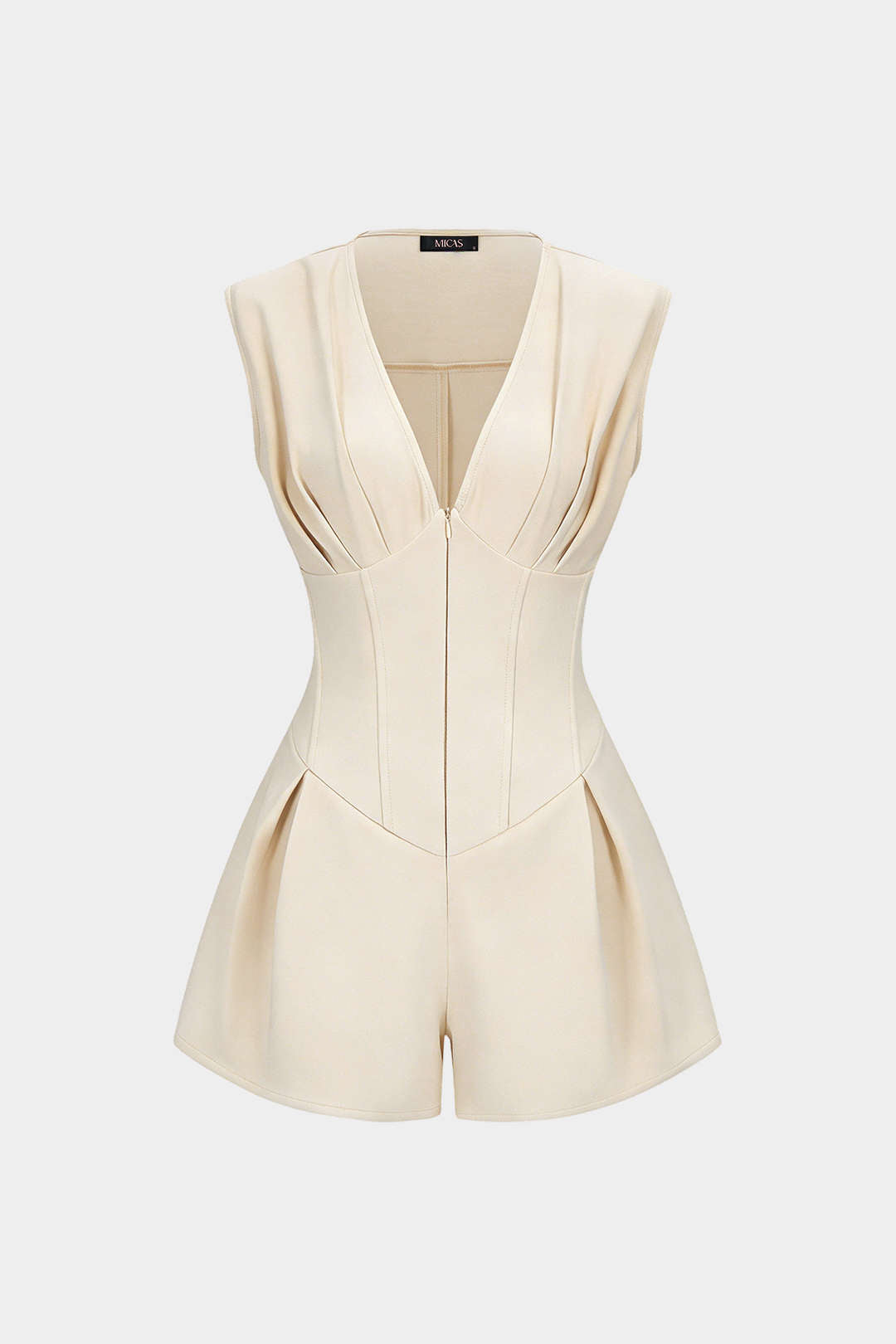 V-Neck Ruched Tie Back Zipper Sleeveless Romper