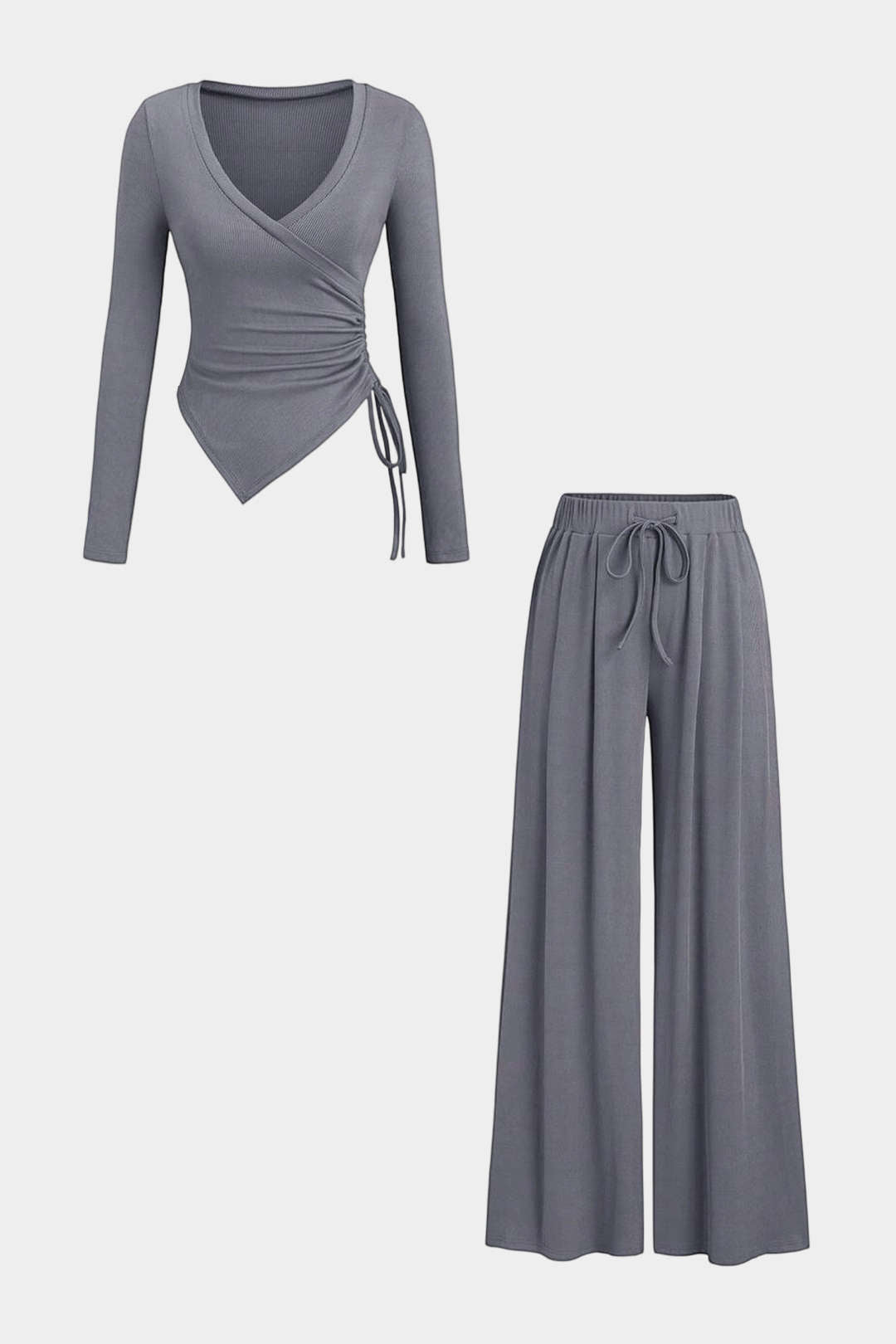 Drawstring V-Neck Ruched Long-Sleeve Top And Wide Leg Pants Set