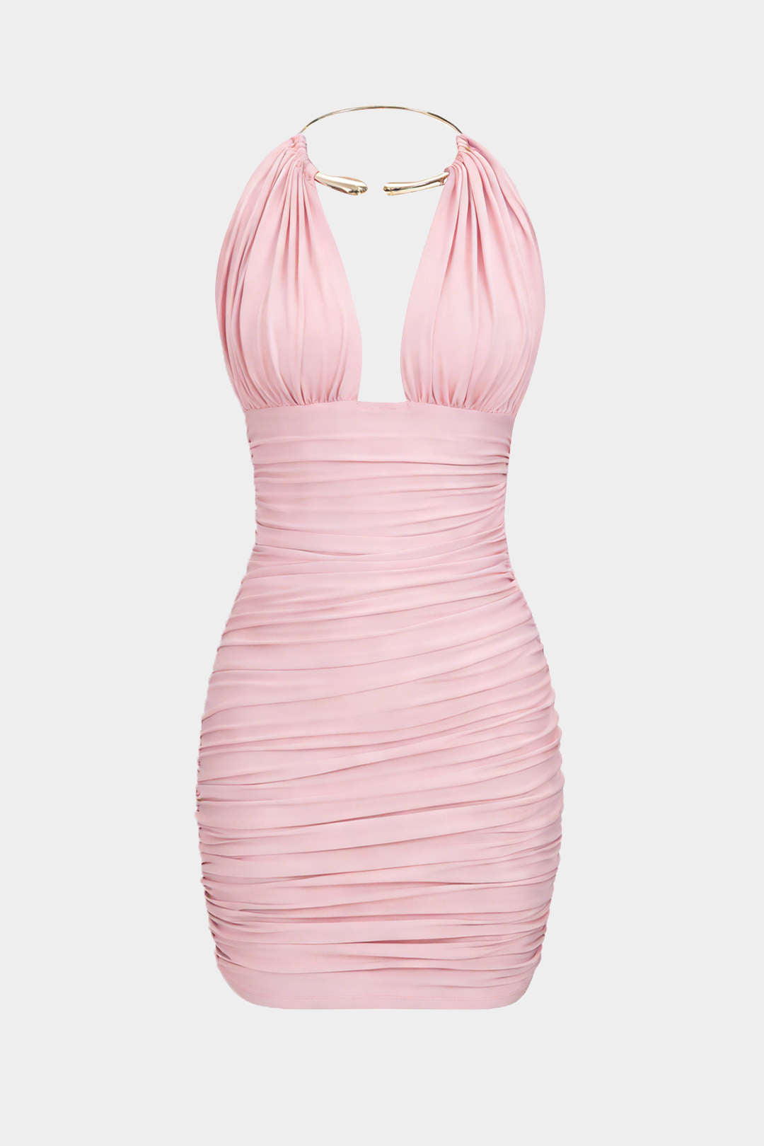 Metallic Halter Backless Ruched Sleeveless Mini Dress