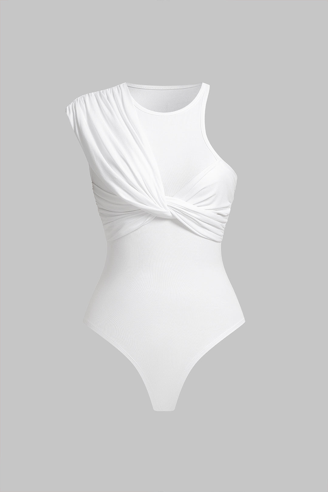 Round Neck Ruched Asymmetrical Sleeveless Bodysuit