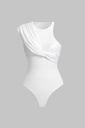 Round Neck Ruched Asymmetrical Sleeveless Bodysuit