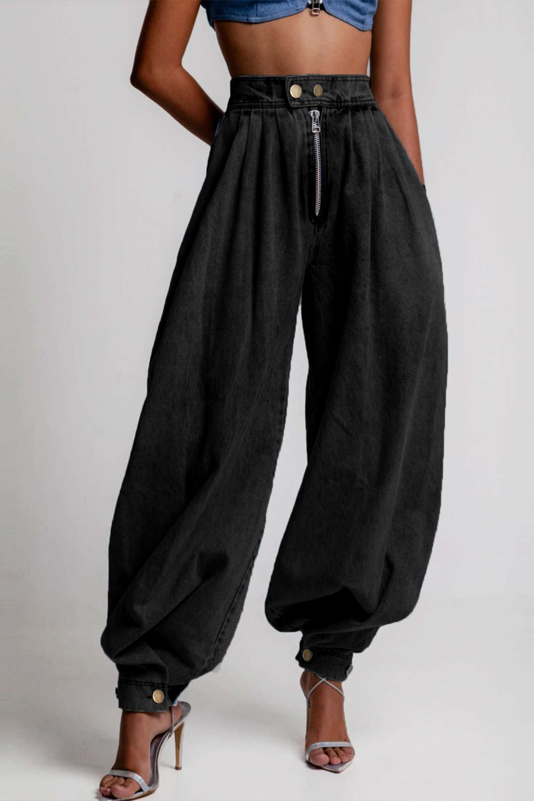 Denim High Waist Zipper Barrel Balloon Jeans
