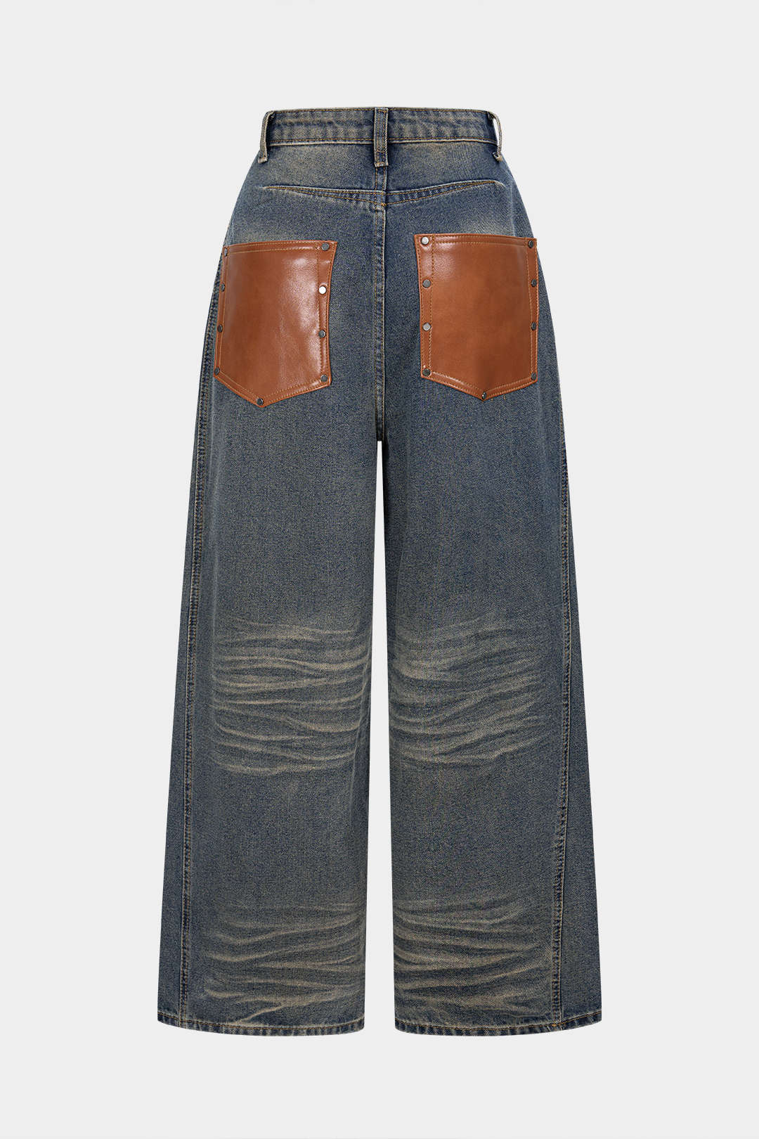 Denim Patchwork Faux Leather Wide Leg Jeans