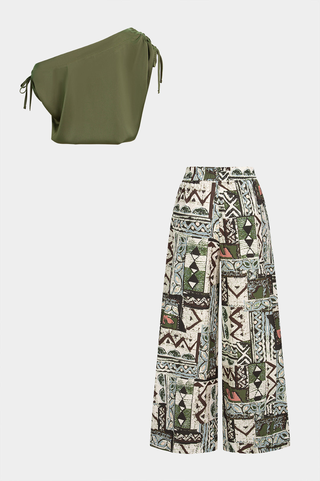 Satin One Shoulder Tie-Up Sleeveless Top And Geometric Print Wide-Leg Pants Set