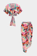 Abstract Print V-Neck Tie-Up Short Sleeves Top And Asymmetrical Drawstring Ruched Skirt Set