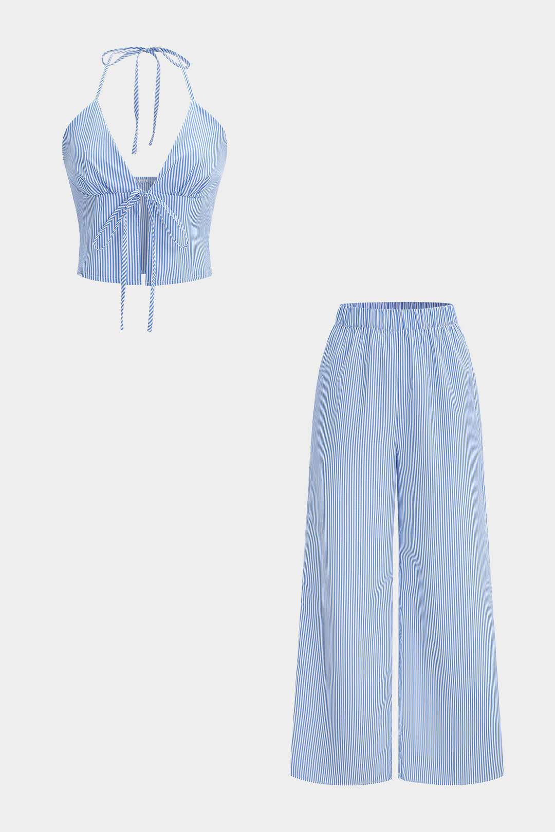 Stripes Print Halter Neck Tie-Up Cami Top And Wide Leg Pants Set