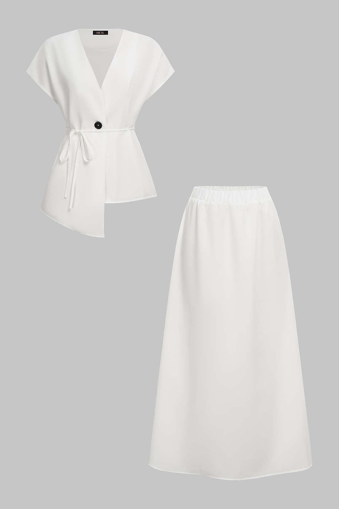 V-Neck Button Tie-Up Top And A-Line Skirt Set