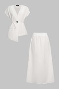 V-Neck Button Tie-Up Top And A-Line Skirt Set