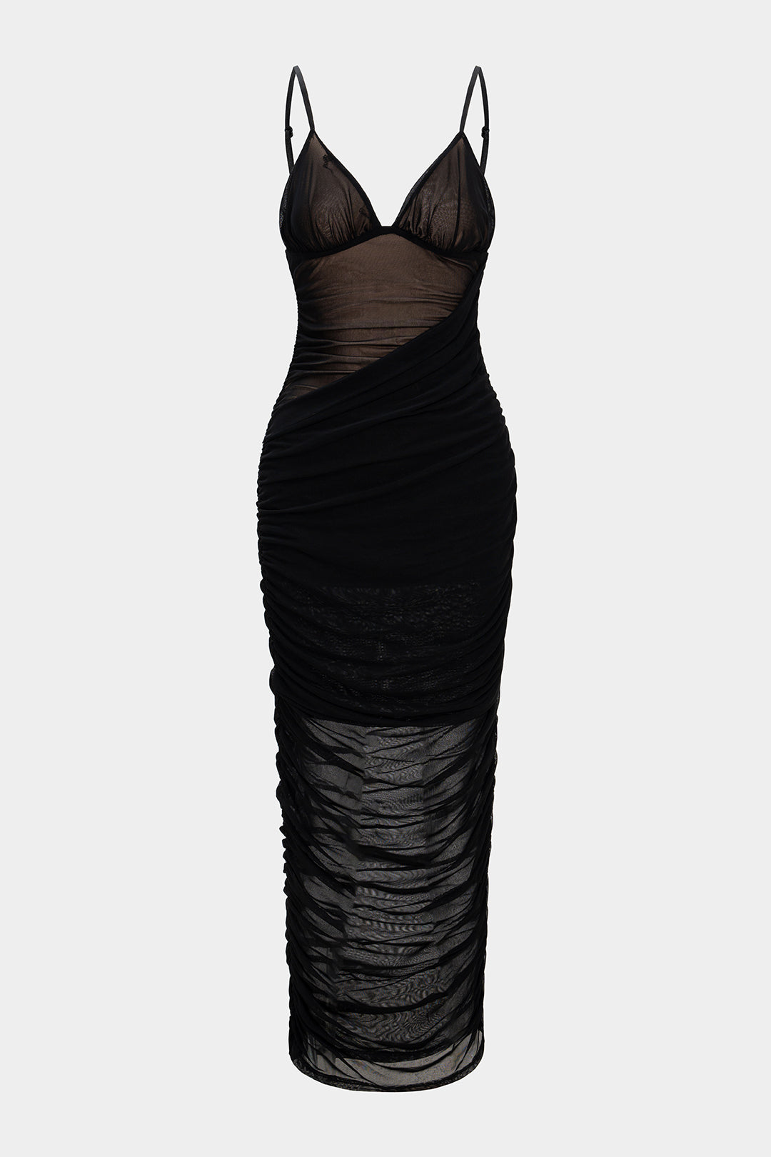 Mesh V-Neck Backless Ruched Slip Sleeveless Midi Dress