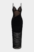 Mesh V-Neck Backless Ruched Slip Sleeveless Midi Dress