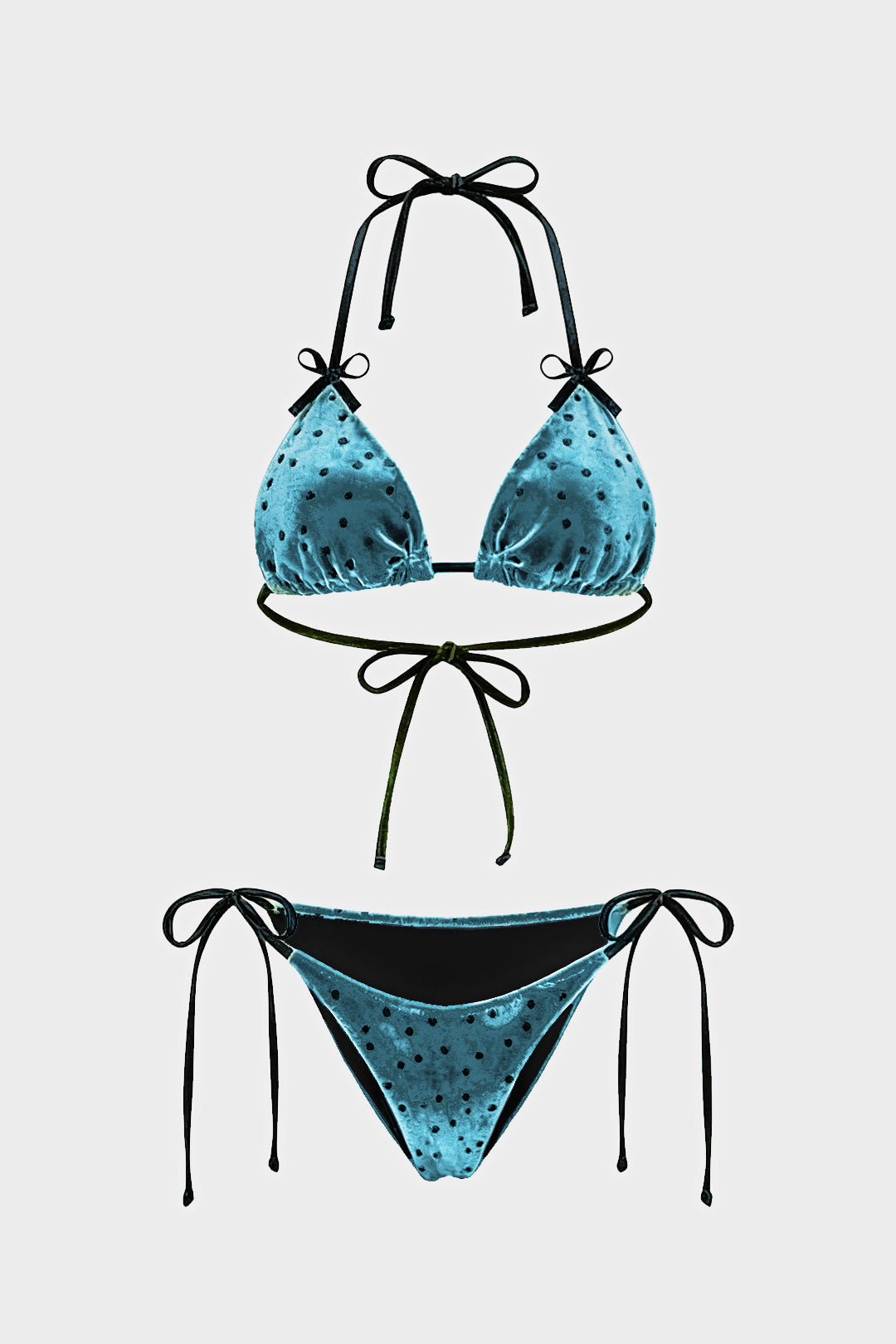 Polka Dots Print Velvet Bow Tie-Up Bikini Set