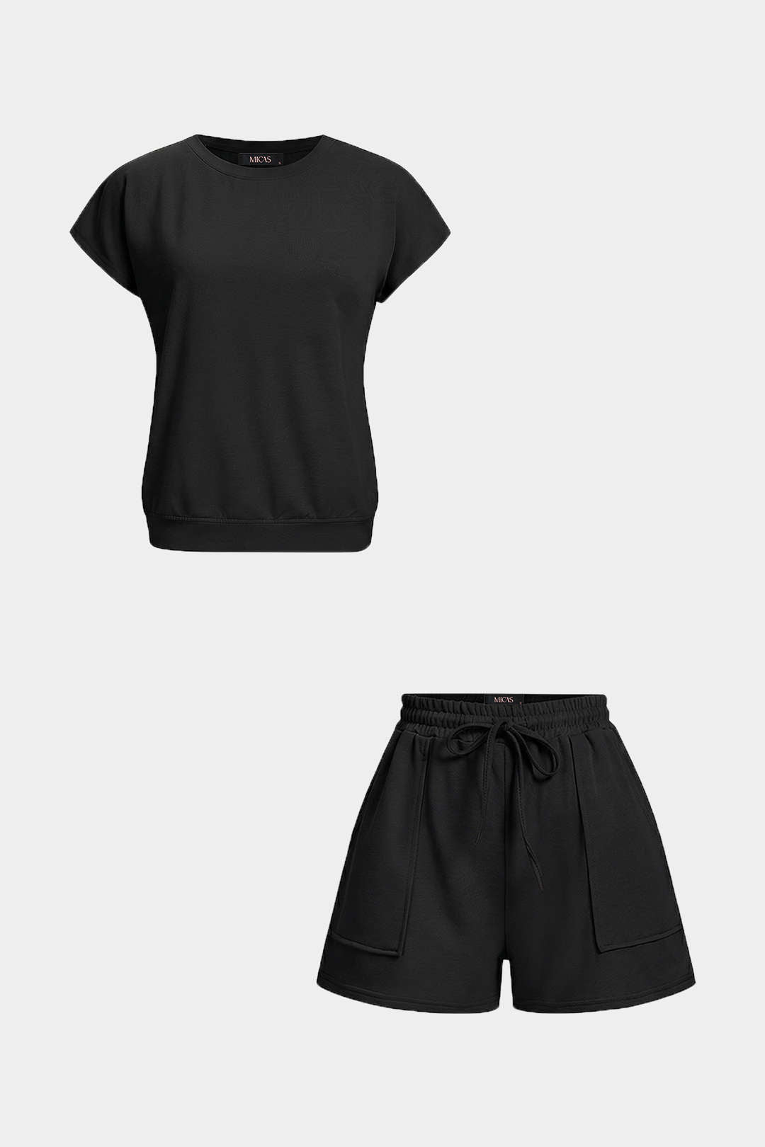 Round Neck Short Sleeve Top And Pocket Tie-Up Shorts Set
