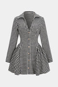 Houndstooth Print Button Ruched V-Neck Long Sleeve Mini Dress