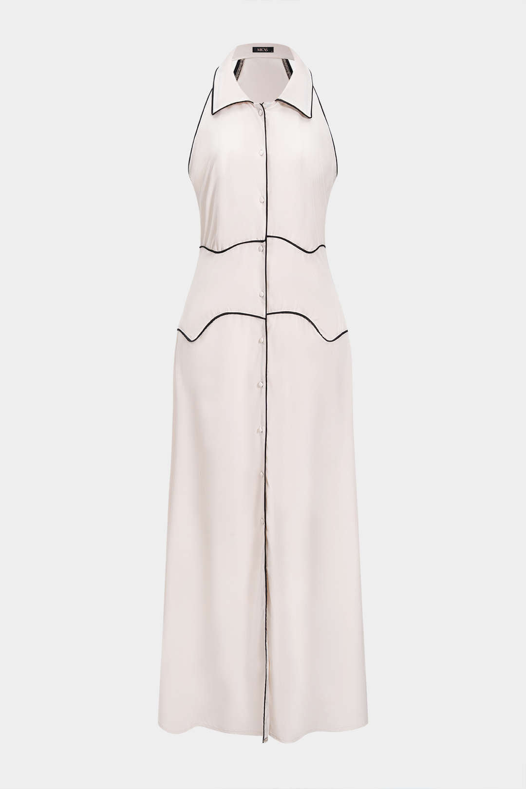 Contrast Binding Lapel Button Sleeveless Midi Dress