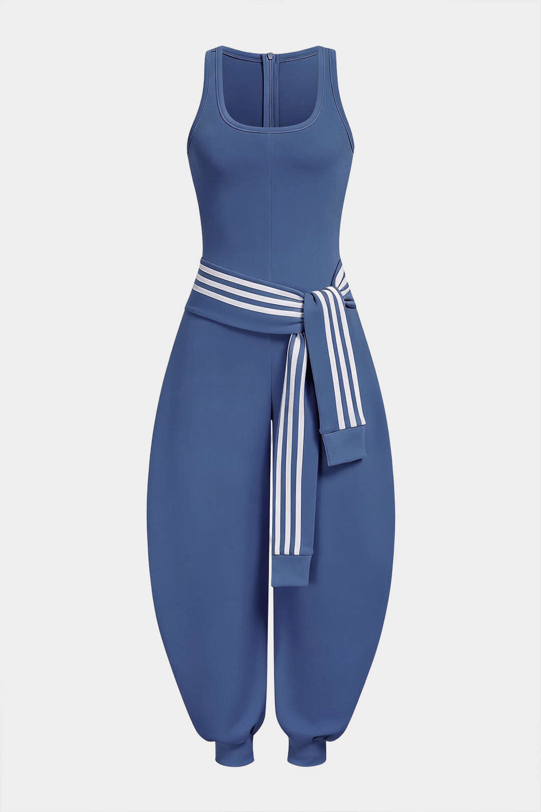 U-Neck Contrast Striped Tie-Up Zipper Barrel Jumpsuit
