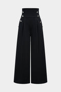 Solid Button High Waist Wide Leg Pants