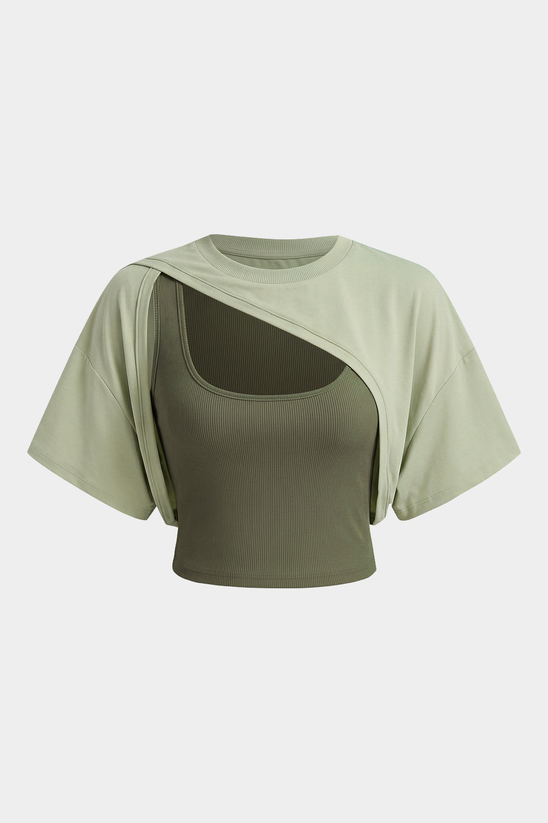 Contrast Asymmetrical Round Neck Two-Piece Short Sleeve Top