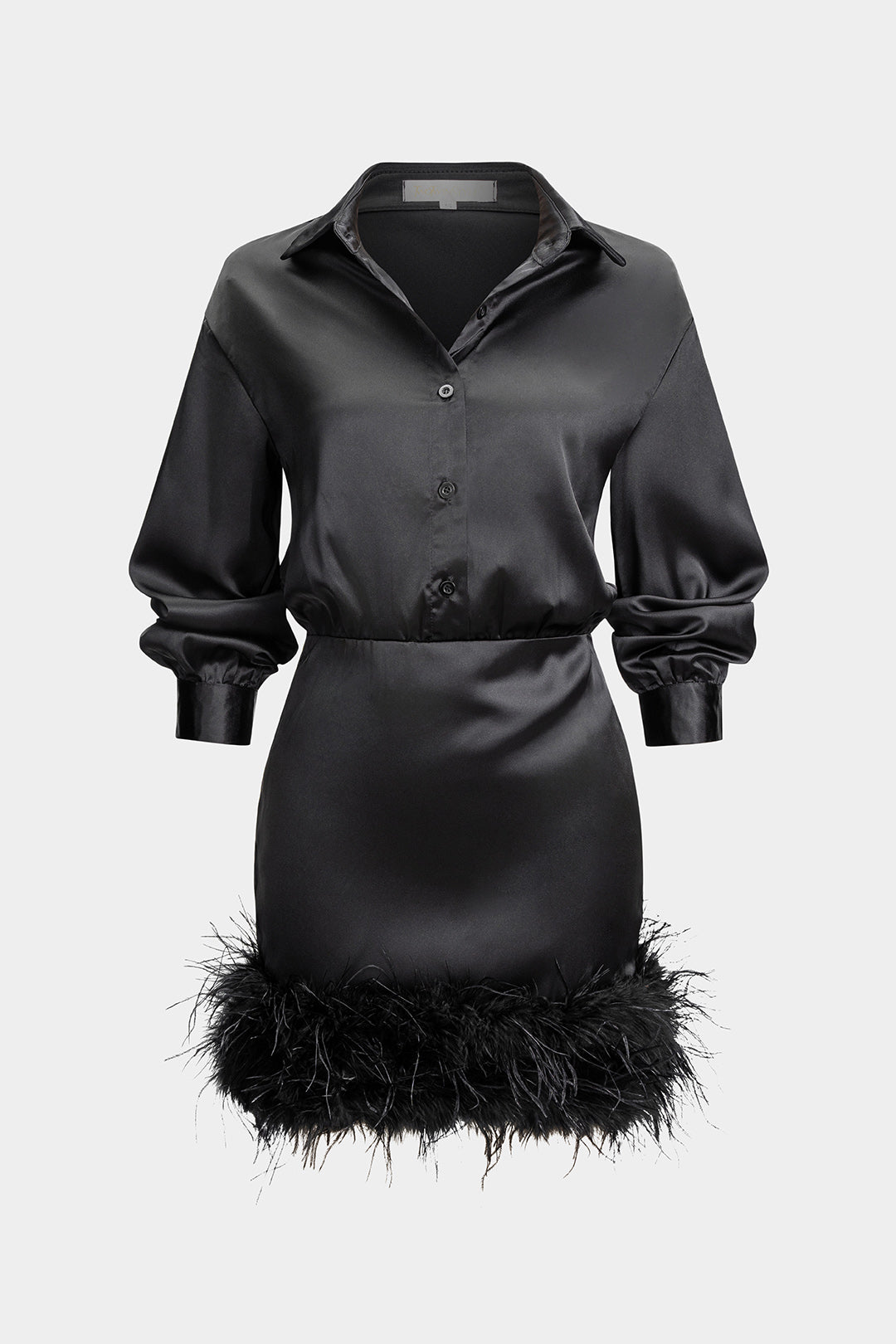 Satin Patchwork Feather Trim Long Sleeve Midi Dress