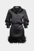 Satin Patchwork Feather Trim Long Sleeve Midi Dress