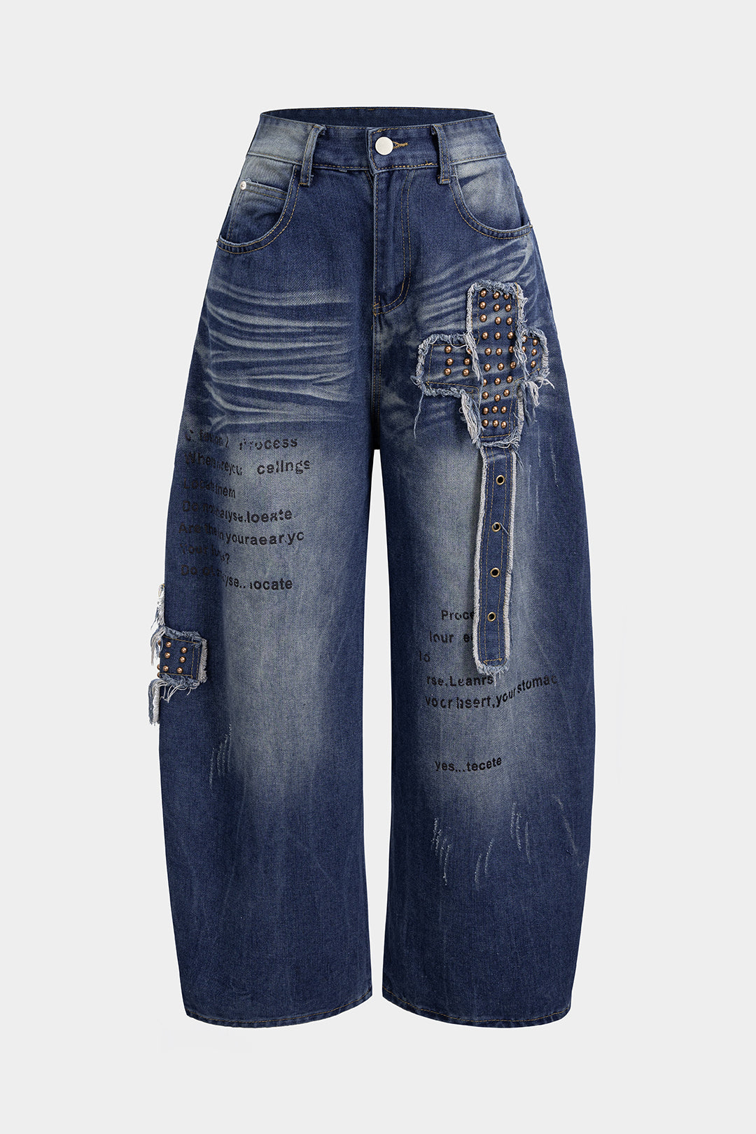 Denim Letter Print Frayed Studded Pocket Wide Leg Jeans