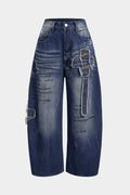 Denim Letter Print Frayed Studded Pocket Wide Leg Jeans