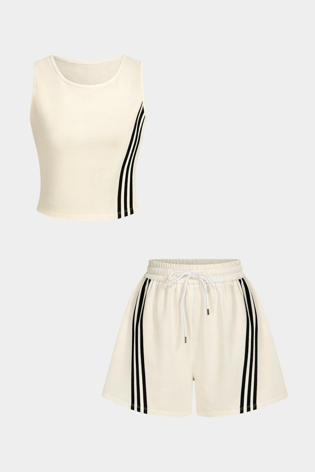 Contrast Striped Round Neck Sleeveless Tank Top And Drawstring Wide Leg Shorts Set