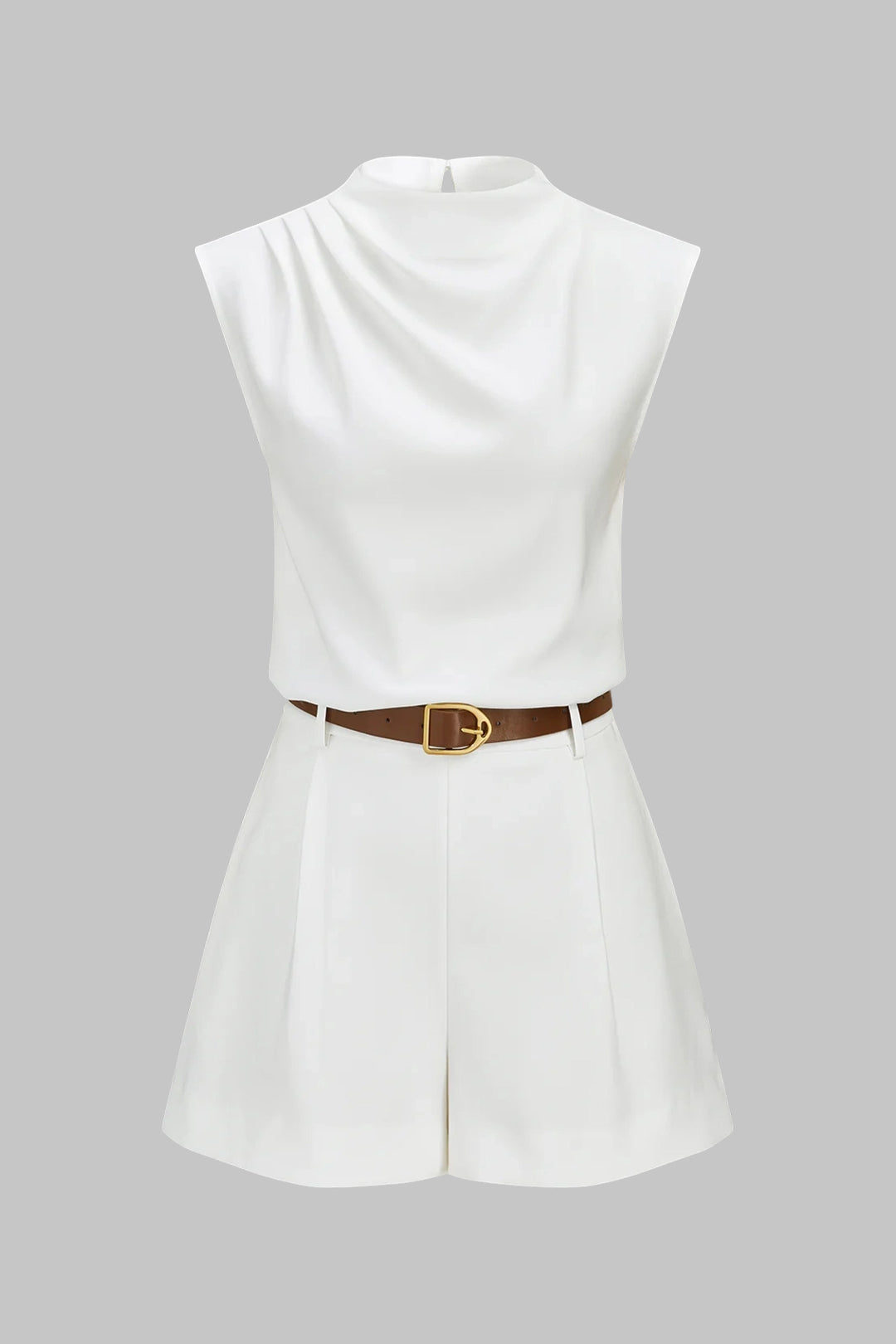 Solid Ruched Tank Top And Belted Wide Leg Shorts Set