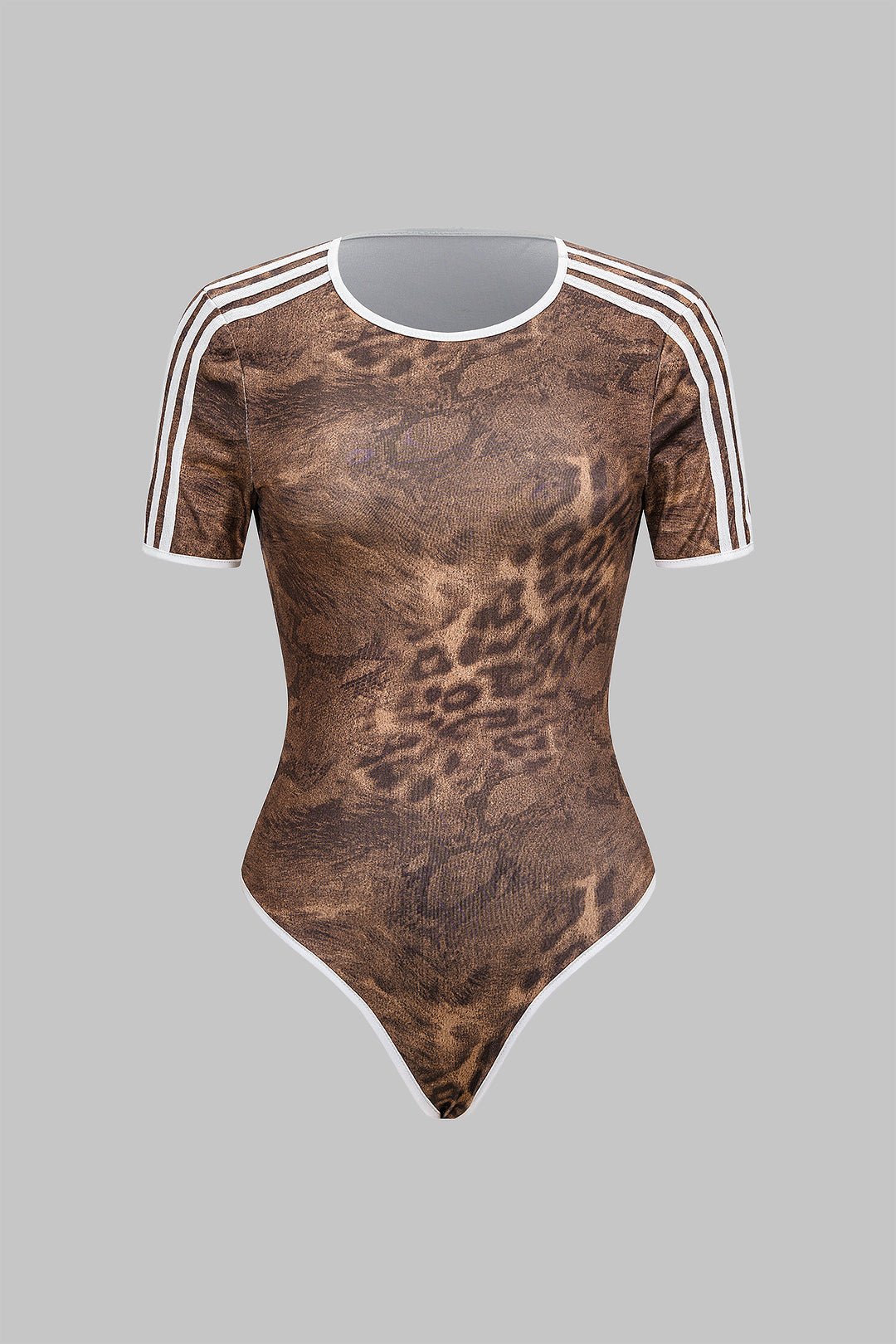Leopard Stripes Print Round Neck Short Sleeve Bodysuit