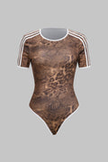 Leopard Stripes Print Round Neck Short Sleeve Bodysuit