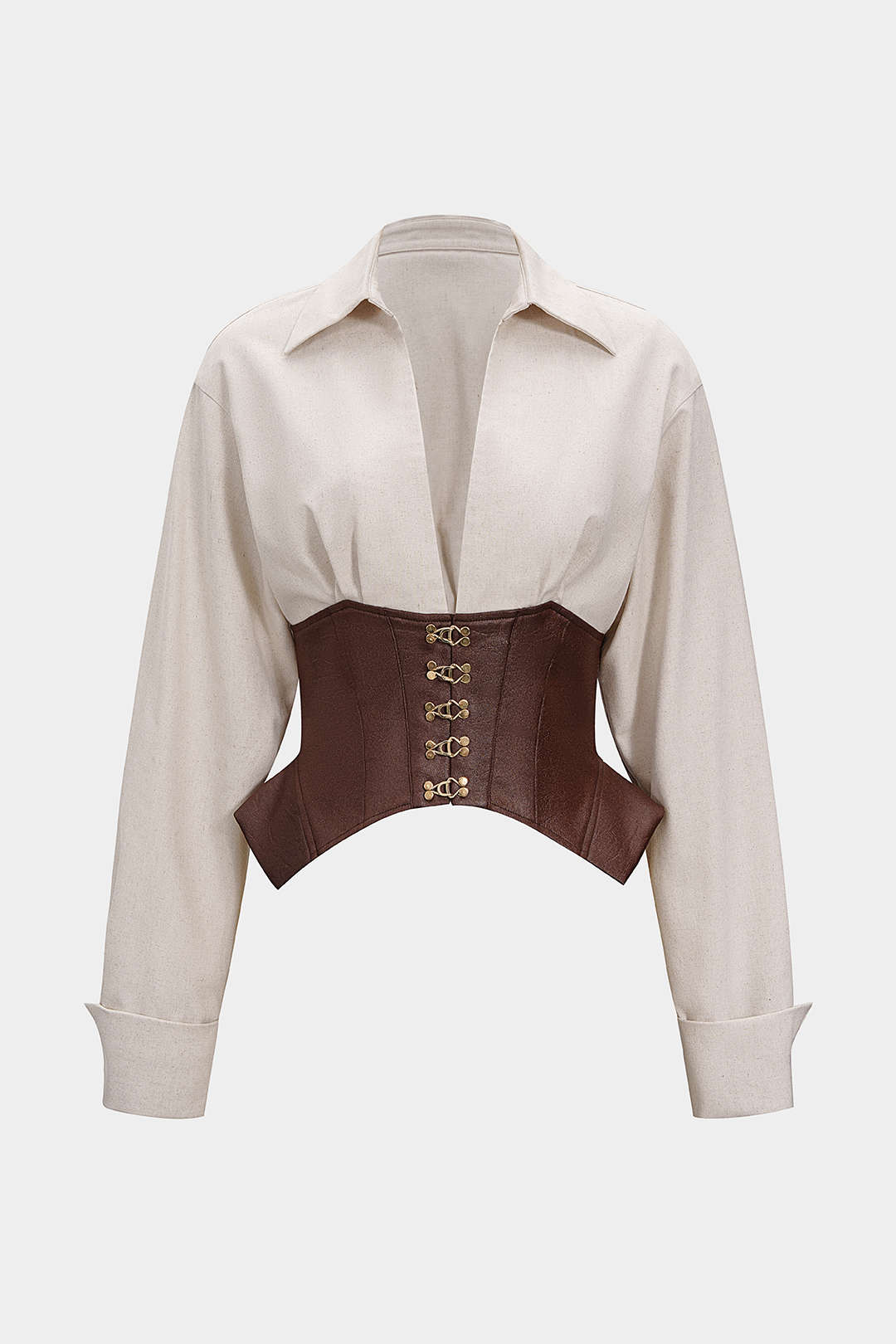 Linen Patchwork Metallic Buckle Long-Sleeve Shirt