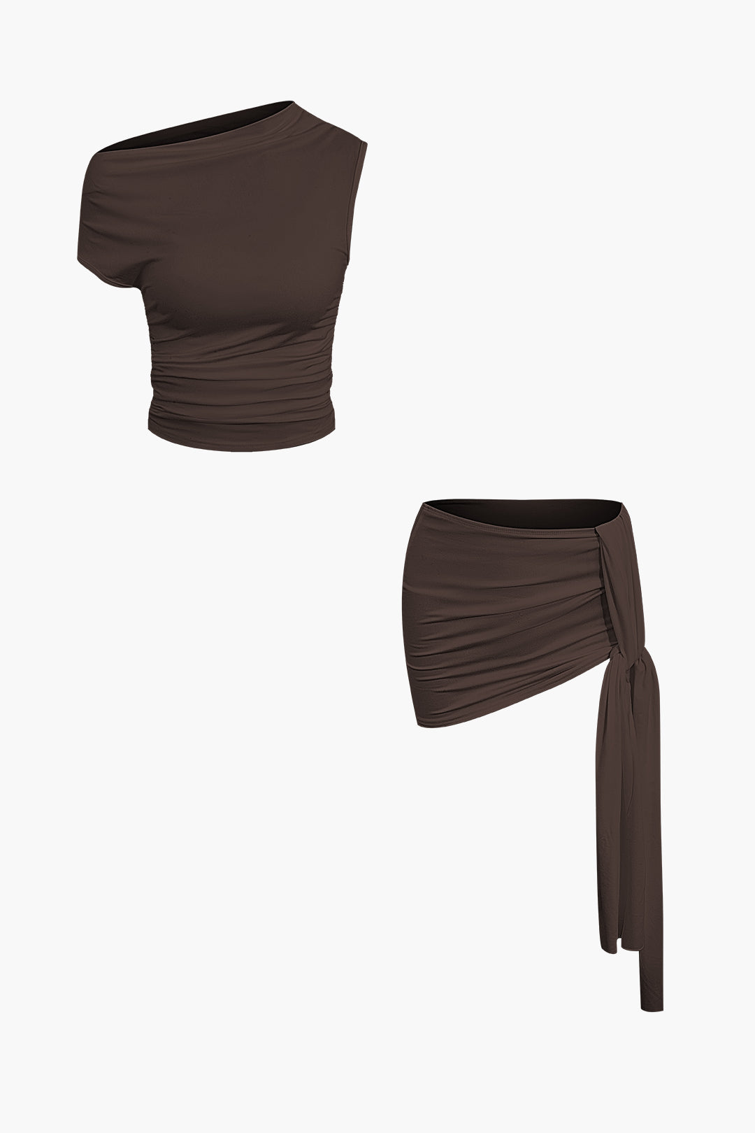 Basic Asymmetrical Ruched Crop Top And Tie Mini Skirt Set