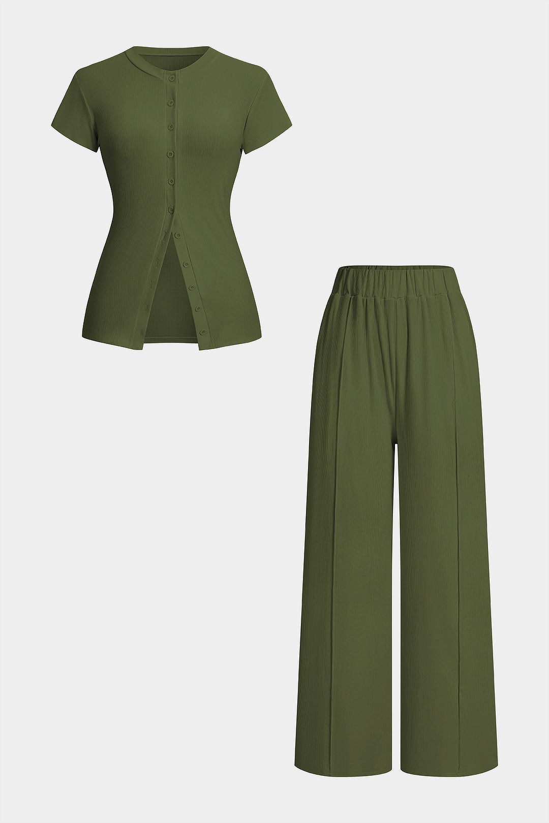 Solid Round Neck Button Short Sleeve Top And High Waist Pants Set