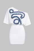 Patchwork One Shoulder Asymmetrical Short Sleeve Mini Dress