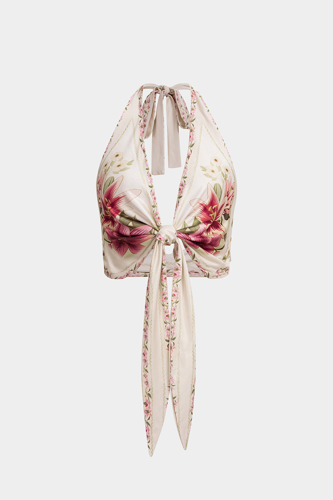 Floral Print Satin Halter Tie-Up Backless Sleeveless Cropped Top