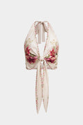 Floral Print Satin Halter Tie-Up Backless Sleeveless Cropped Top