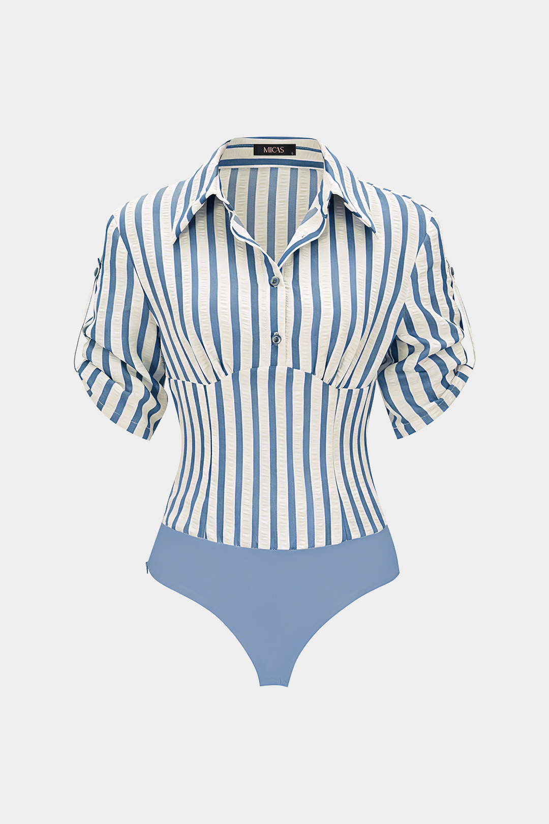 Stripes Print Button Patchwork Ruched V-Neck Short Sleeve Bodysuit