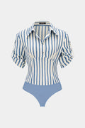 Stripes Print Button Patchwork Ruched V-Neck Short Sleeve Bodysuit