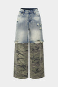 Camo Print Denim Patchwork Button Pocket Jeans