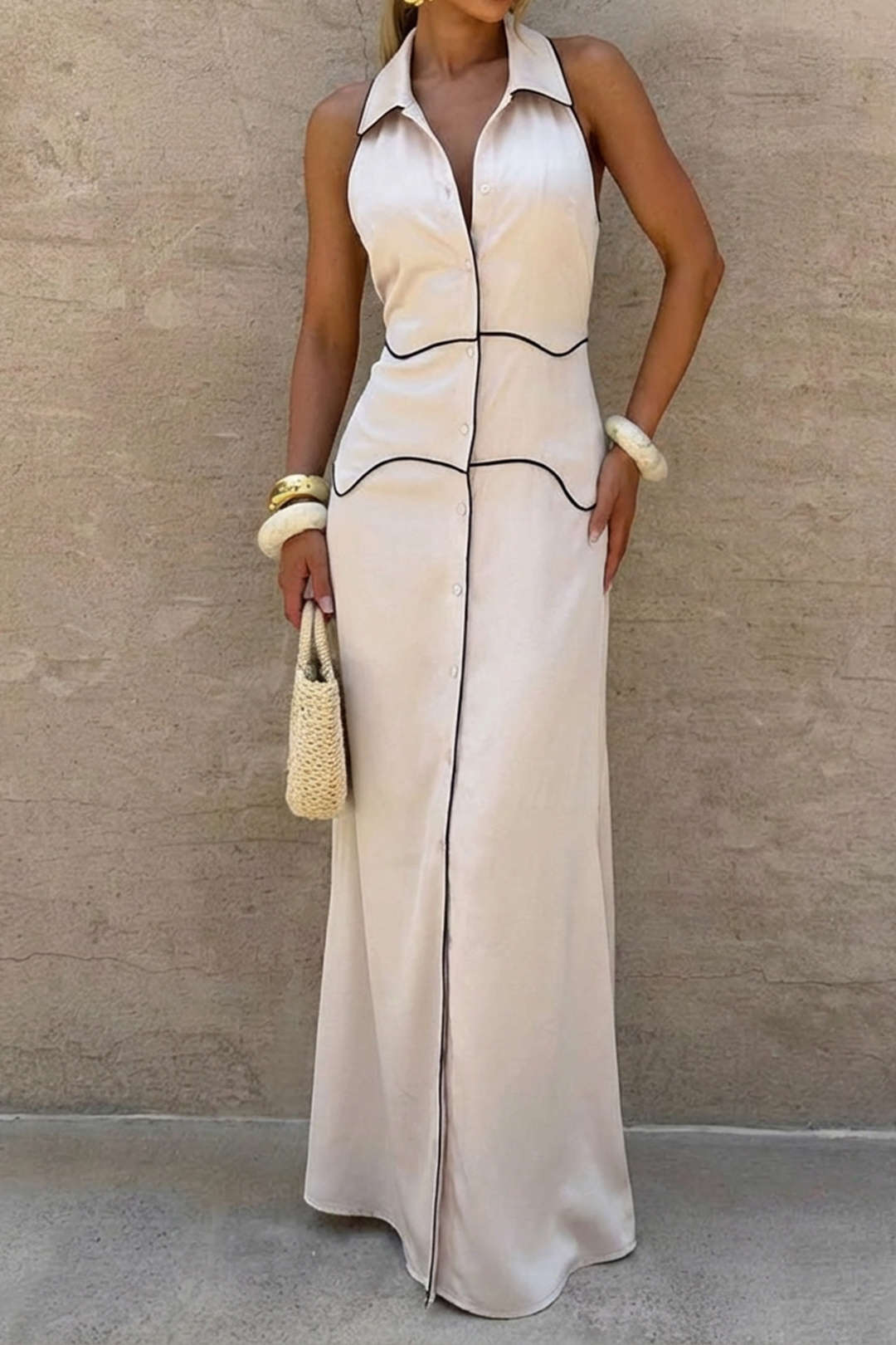 Contrast Binding Lapel Button Sleeveless Midi Dress