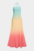 Ombre Print Halter Tie Back Backless Pleated Sleeveless Maxi Dress