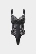 Faux Leather Patchwork Mesh Lace Trim Bodycon Sleeveless Bodysuit
