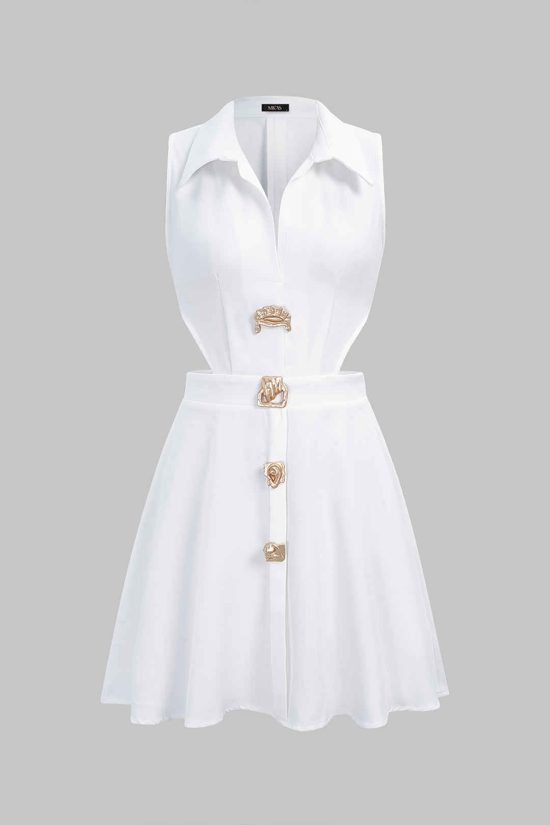 Lapel Metallic Irregular Button Cut Out Sleeveless Mini Dress
