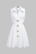 Lapel Metallic Irregular Button Cut Out Sleeveless Mini Dress