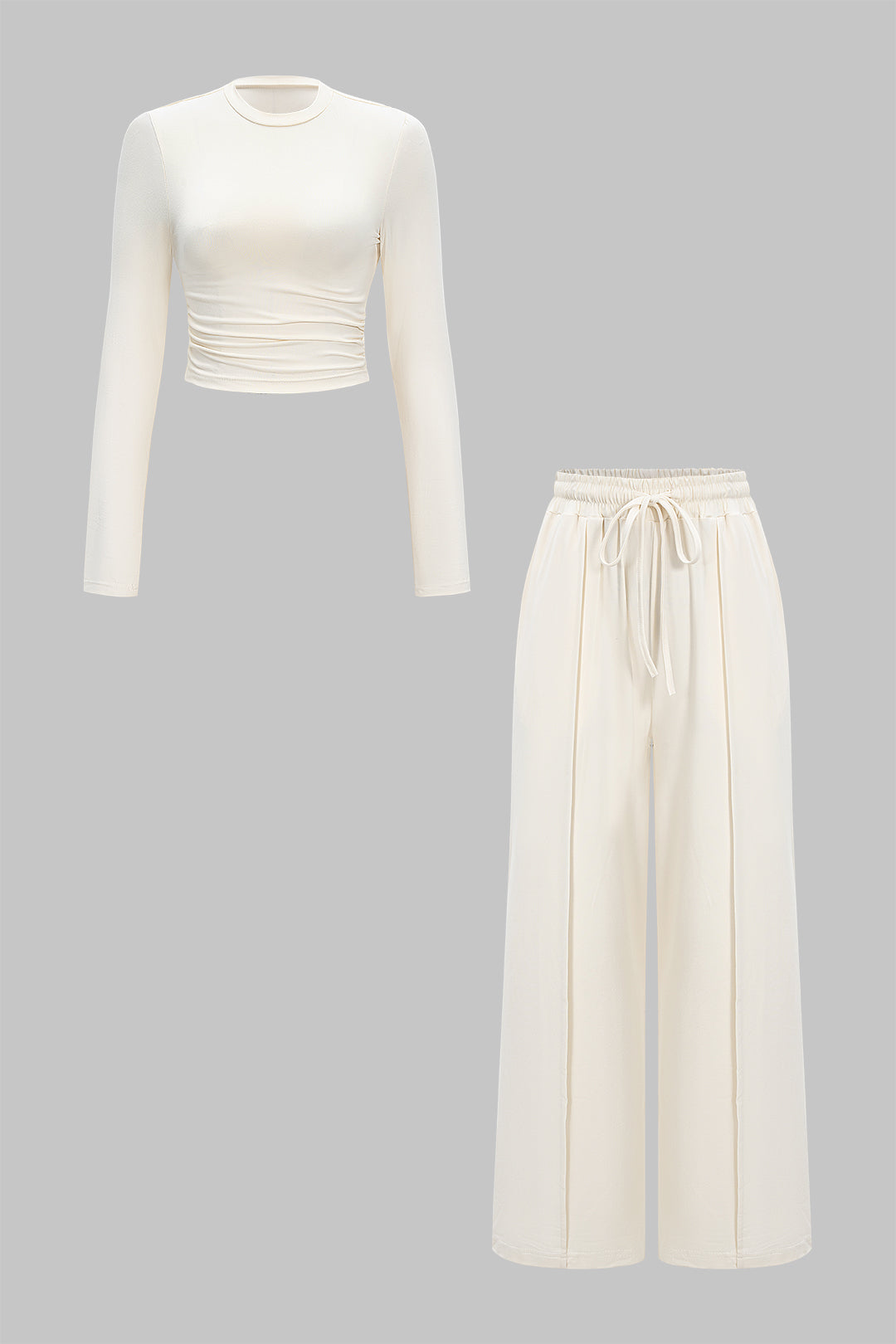 Ruched Long-Sleeve Top And Tie-Up High Waist Wide Leg Trousers Set