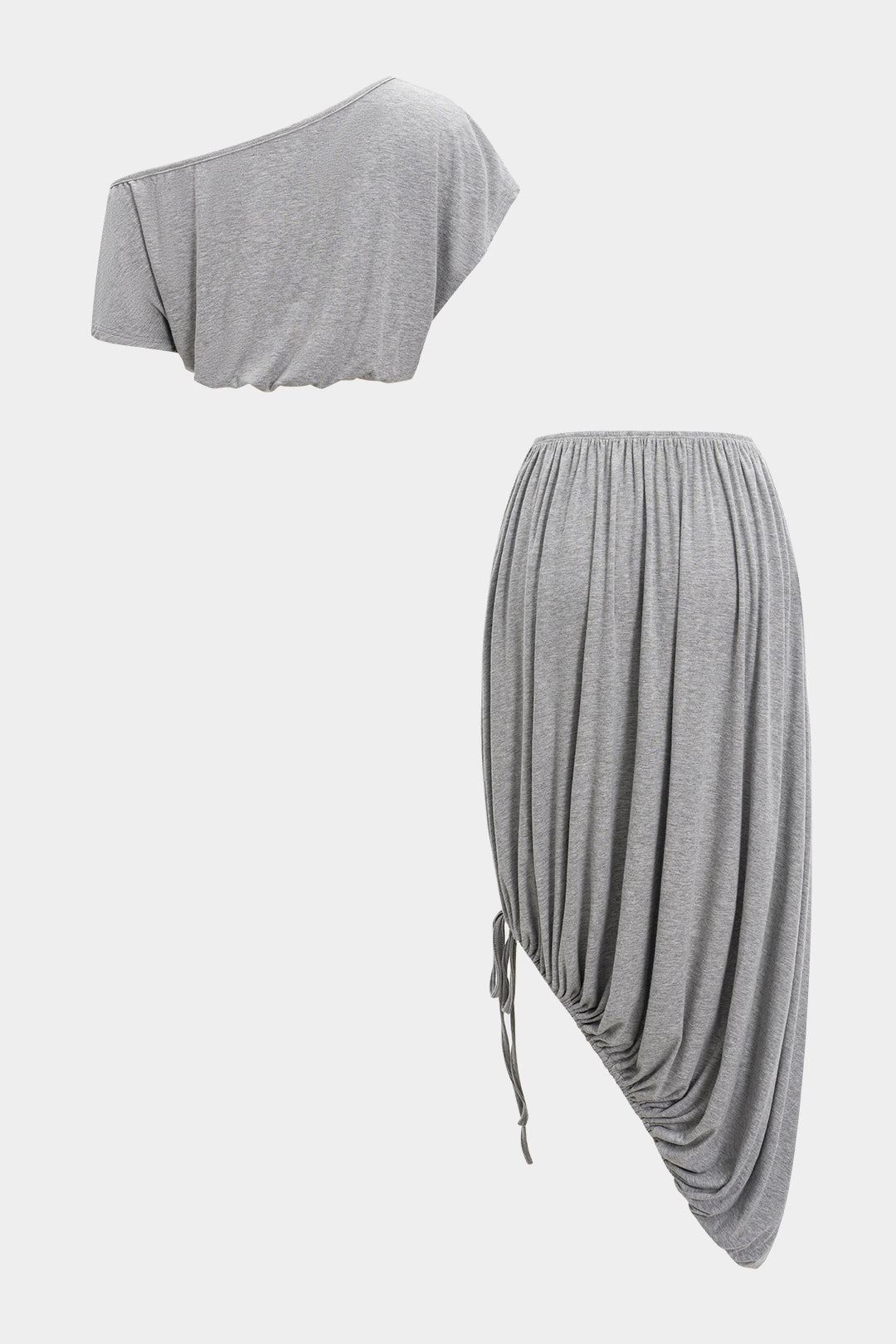 Ruched Asymmetrical Neck Short-Sleeve Top And Drawstring Skirt Set