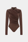 Ruched Crossed Asymmetrical Long Sleeve Bodysuit