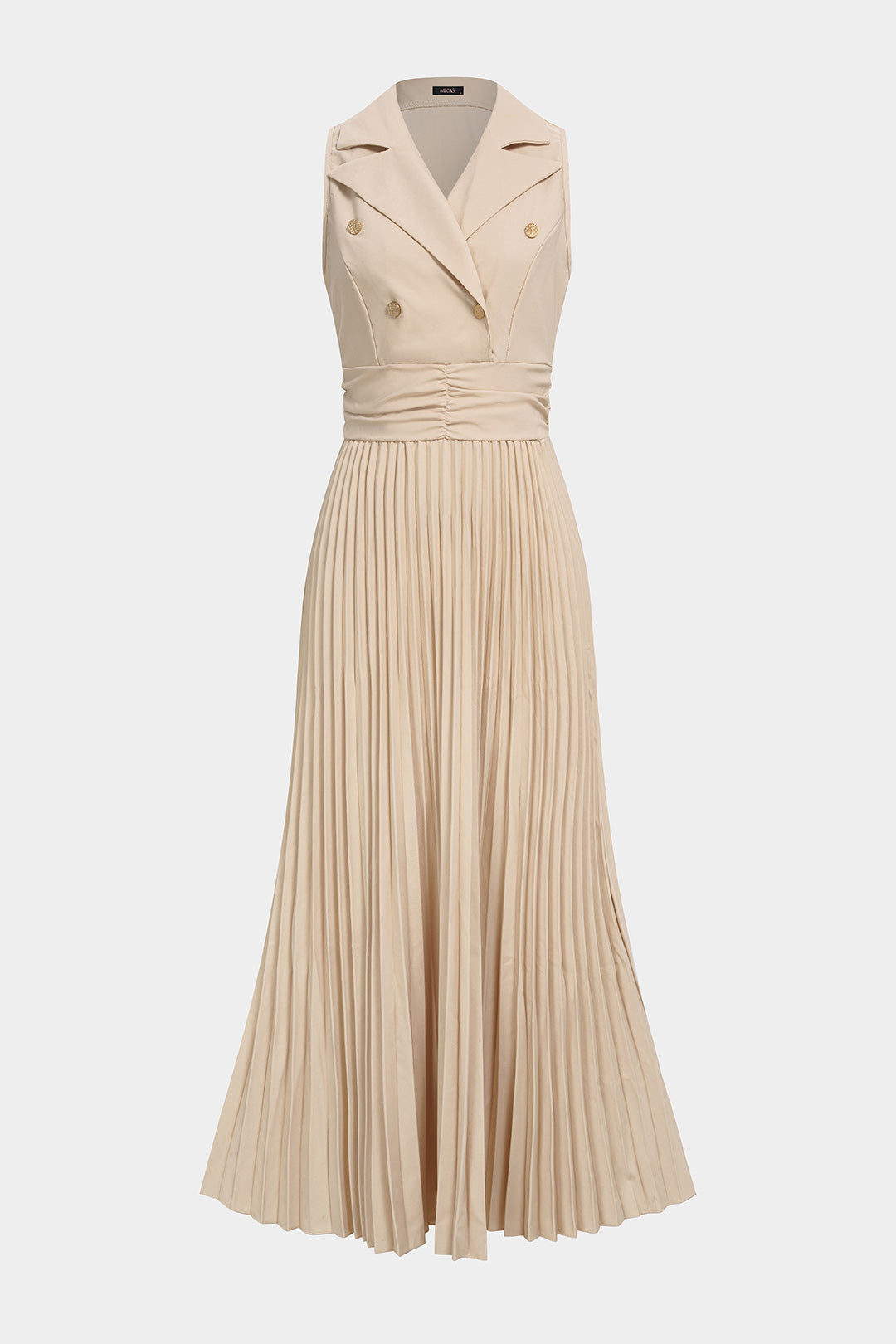 Notched Lapel Pleated Sleeveless Maxi Dress